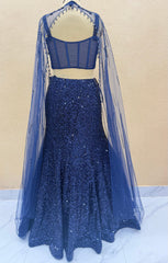 Navy Blue Sequin Embroidered Fish Cut Lehenga Choli with Cape Sleeves | Designer Mermaid Lehenga for Cocktail & Wedding