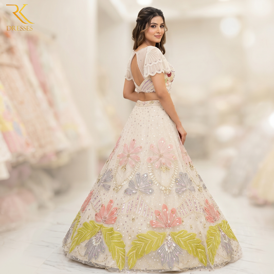 Luxury White with floral Pearl & Sequin Embroidered PDP inspired Lehenga Choli Set