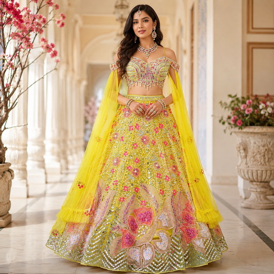 Luxury yellow designer lehenga with heavy mirror work, pearl embroidery, floral sequins, embellished corset blouse and couture bridal craftsmanship
