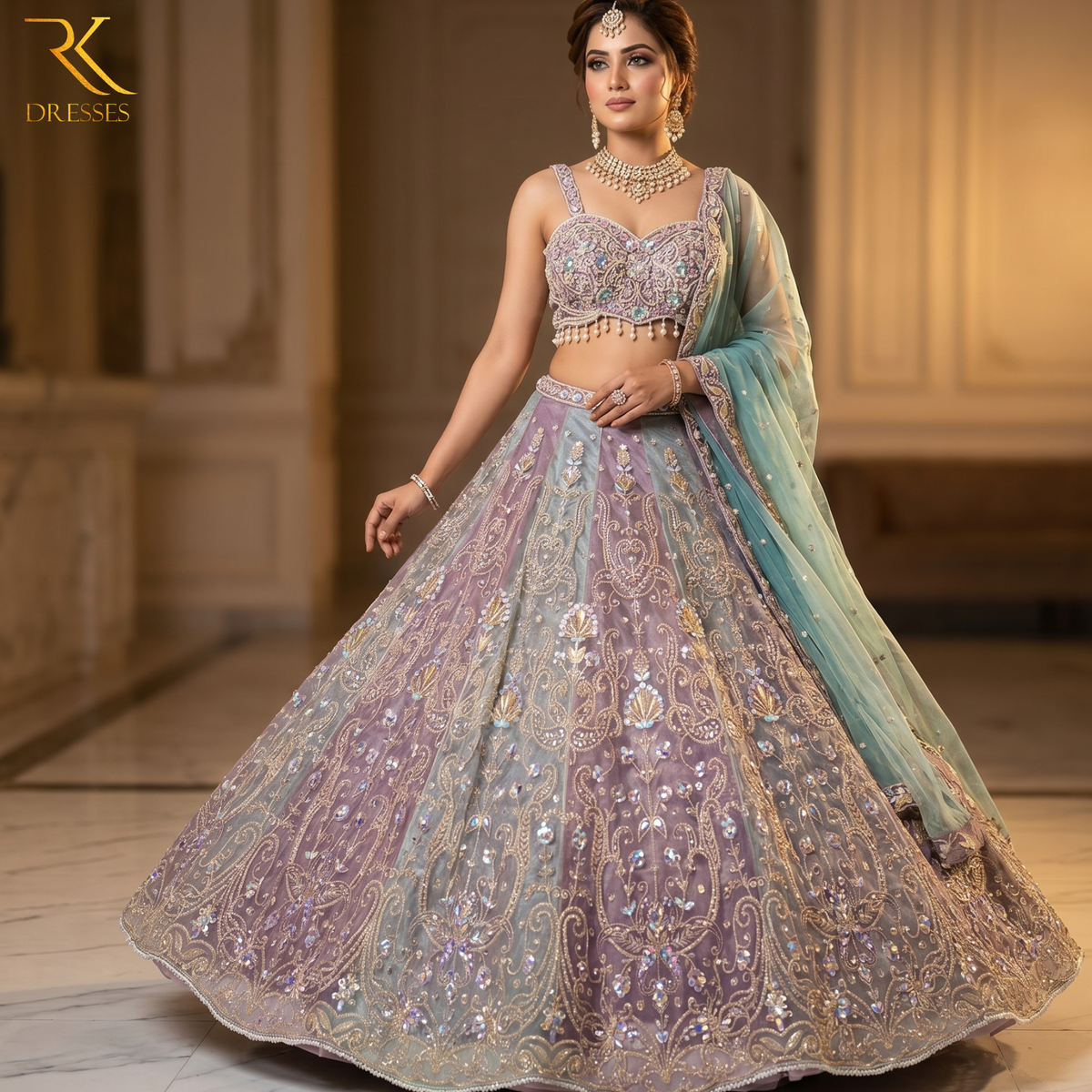 Dusty Lavender & Misty Blue Heavy Embroidered Designer Lehenga Choli Set with Dupatta