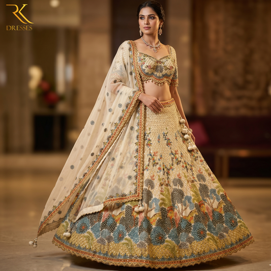 Ivory Floral Hand Embroidered Lehenga Choli Set with Mirror Work & Scenic Heritage Motifs