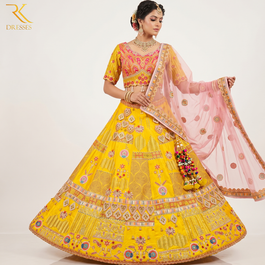 Yellow Artistry Designer Lehenga Choli with Appliqué Embroidery & Pink Net Dupatta