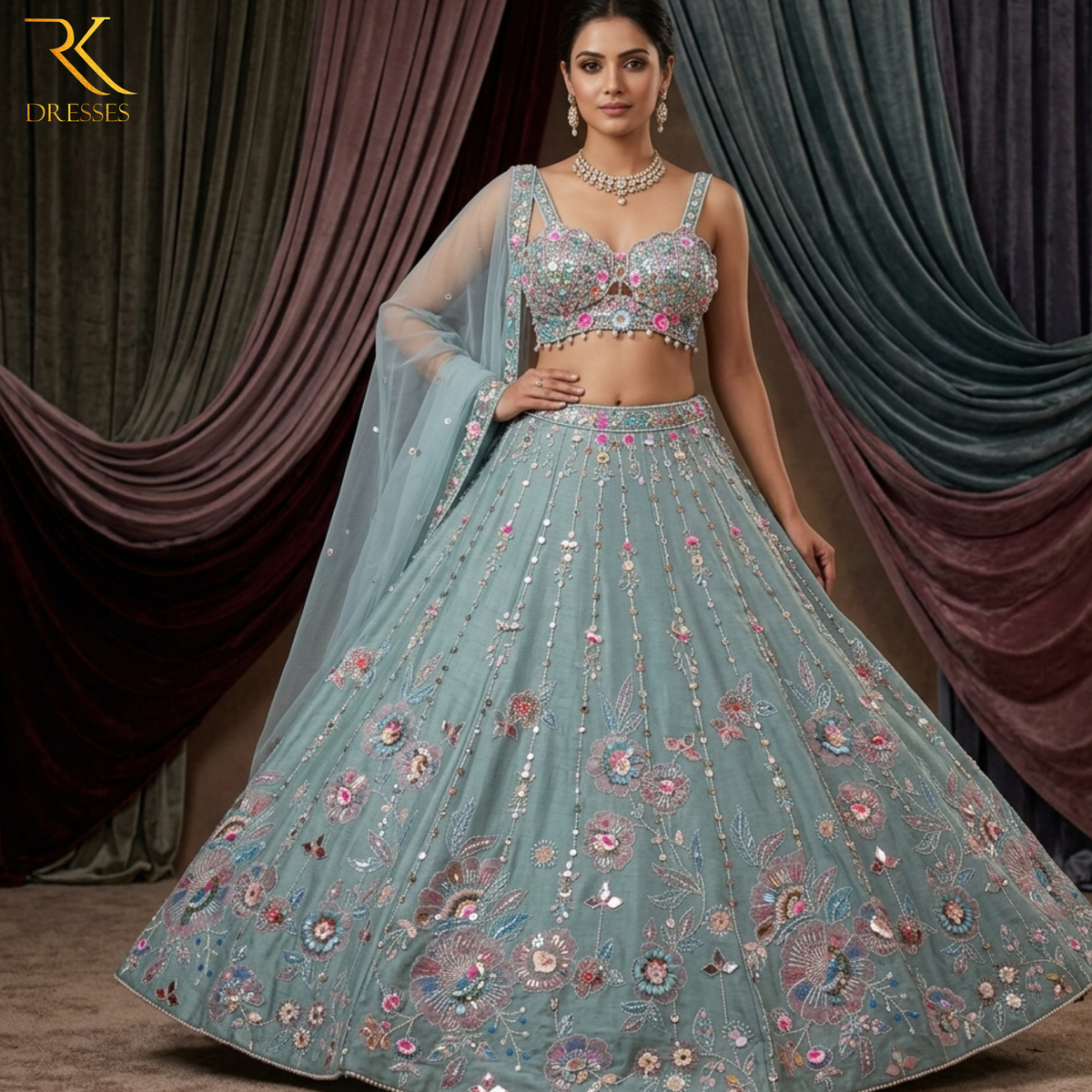 PDP Inspired Sea Green Lehenga with 3D Floral, Mirror & Multi-Sequin Handwork