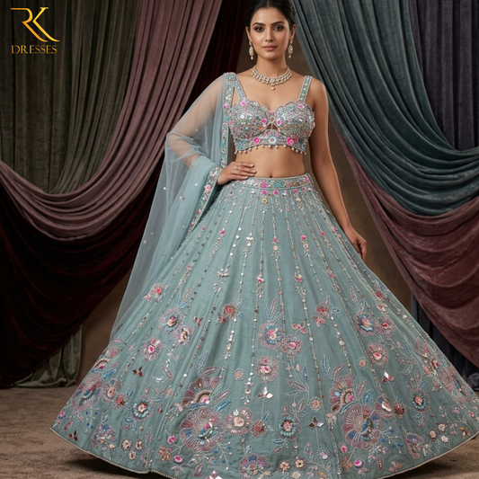 PDP Inspired Sea Green Lehenga with 3D Floral, Mirror & Multi-Sequin Handwork