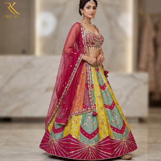 Multicolor Hand Work Lehenga with 3D Floral & Heavy Hand Embellished Blouse