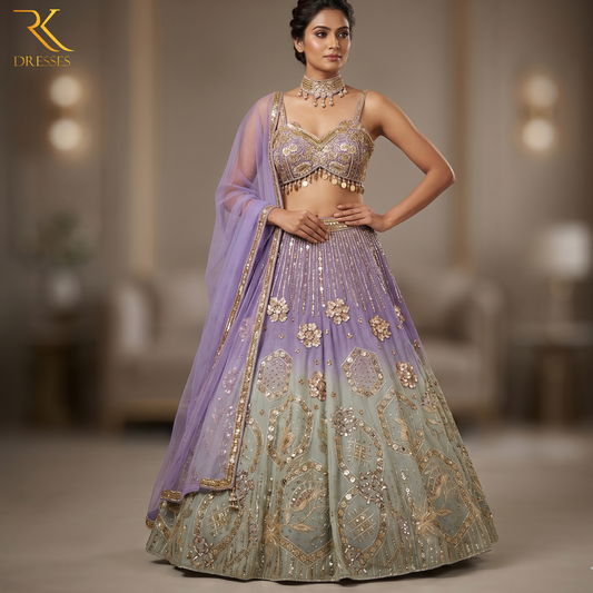 Double Shade 3D Designer Lehenga Set with 3D Floral Sequins, Cutdana & Coin Tassel Work