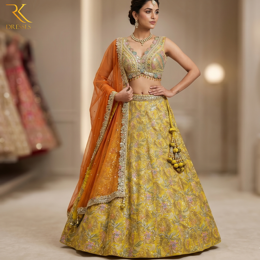 Sunshine Yellow Floral Lehenga Choli with Mirror, Sequins, Thread Work & Double Shade Dupatta