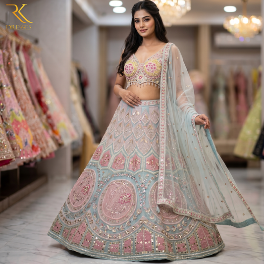 Luxury Ice Blue PDP 3D Designer Lehenga Choli with Fully Hand work