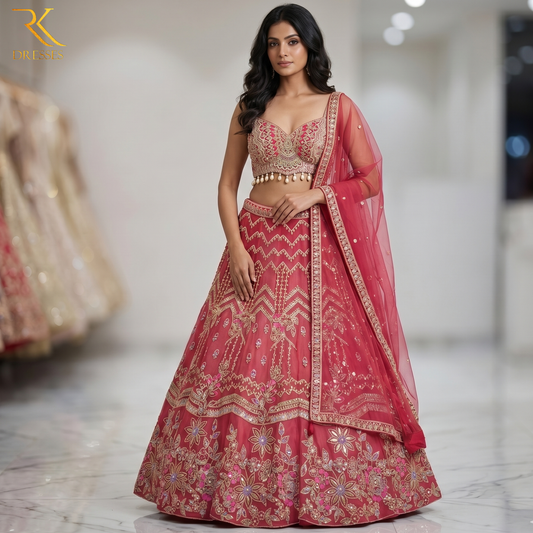 PDP Inspired Luxury Pinkish Red Designer Lehenga Choli with Fully Handwork