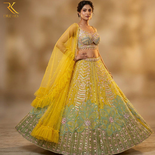 PDP Inspired Luxury Yellow Hand Embroidered Designer Lehenga Set with 3D Floral Design