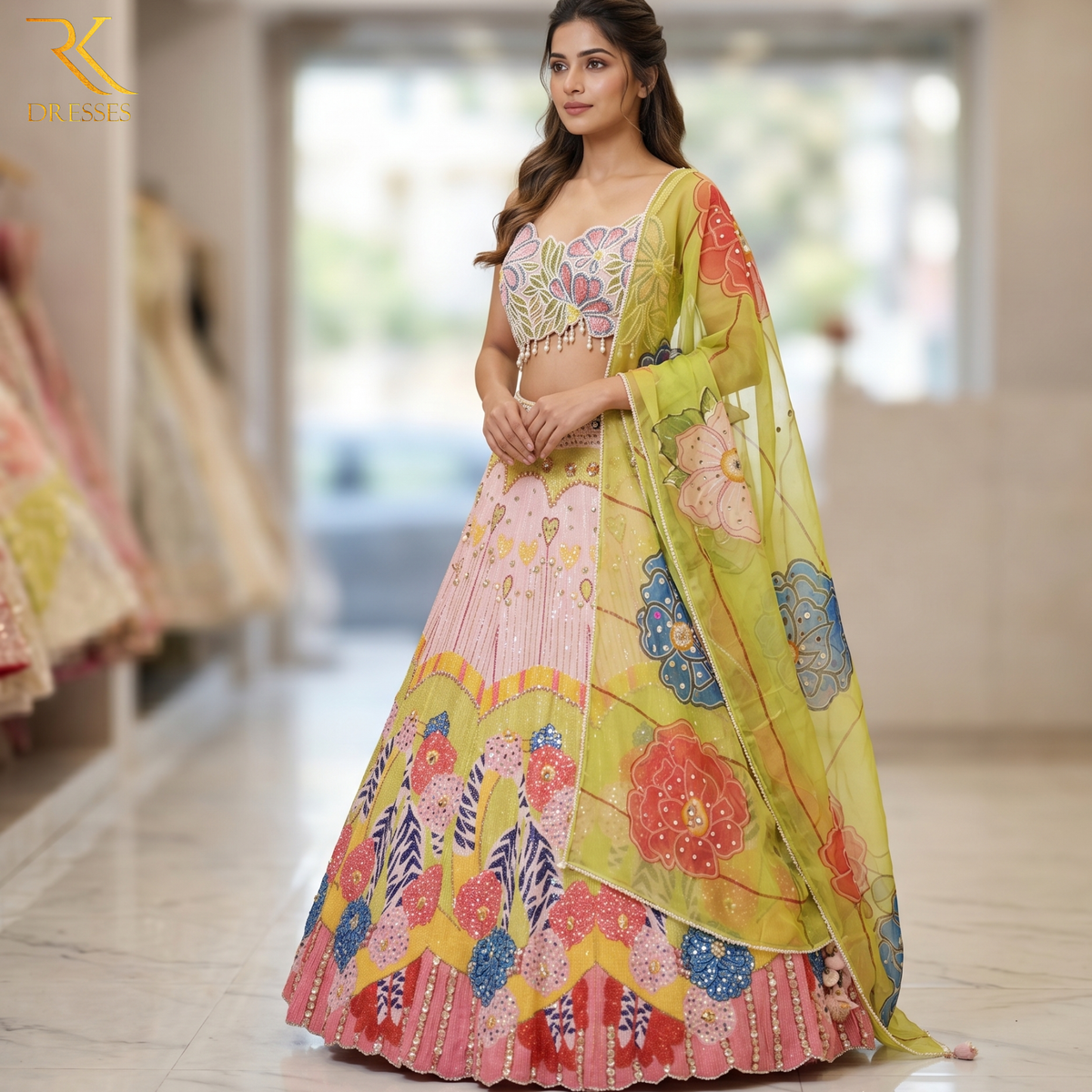 Pastel Garden Couture Lehenga Set with Hand-Beaded Floral Corset Blouse & Printed Organza Dupatta
