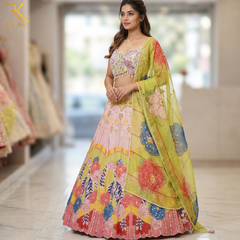 Pastel Garden Couture Lehenga Set with Hand-Beaded Floral Corset Blouse & Printed Organza Dupatta