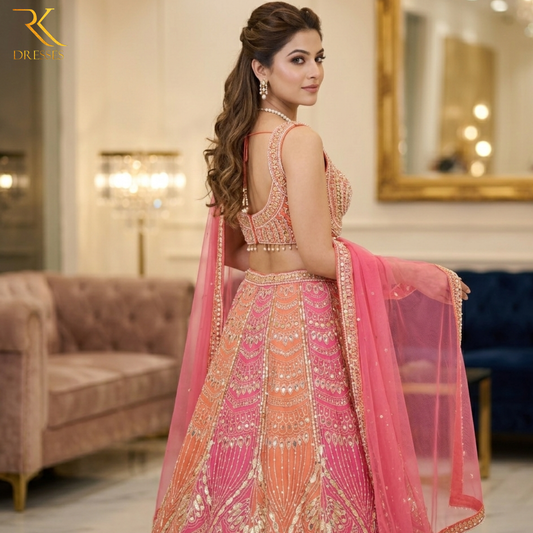 Premium Hot Pink & Coral Bridal Lehenga Choli with Heavy Hand Work Detailing