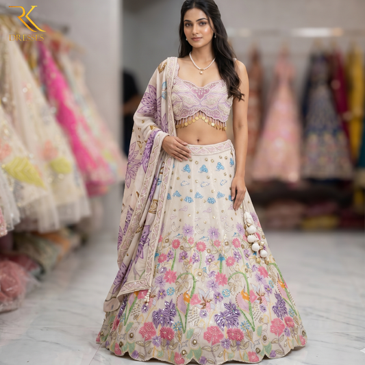 Pastel Ivory PDP Inspired designer 3D Floral Lehenga Set