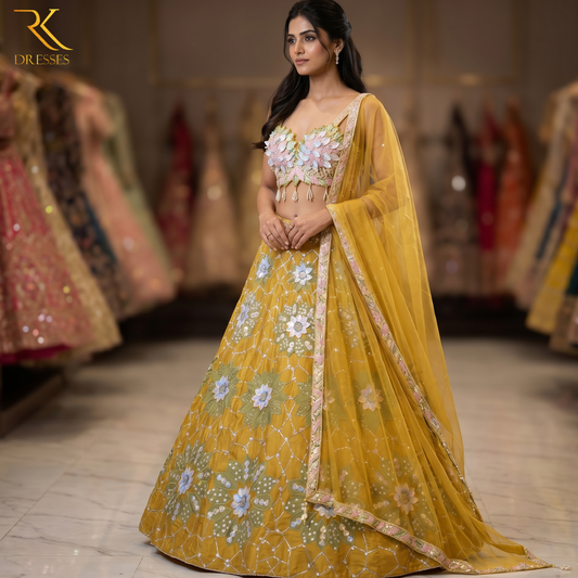 Mustard Yellow Luxury 3D Floral Handwork Lehenga Set with Pearl, Sequins & Cutdana Embroidery