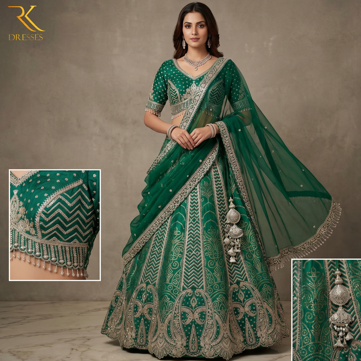Emerald Green Bridal Lehenga Choli with Heavy Sequins, Zari Embroidery & Designer Tassel Work