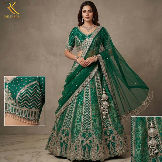 Emerald Green Bridal Lehenga Choli with Heavy Sequins, Zari Embroidery & Designer Tassel Work