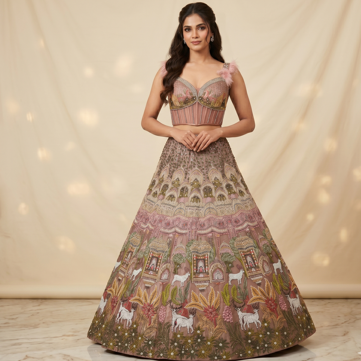 Premium Architectural Hand Embroidered Designer Lehenga Set with Corset Blouse & Dupatta