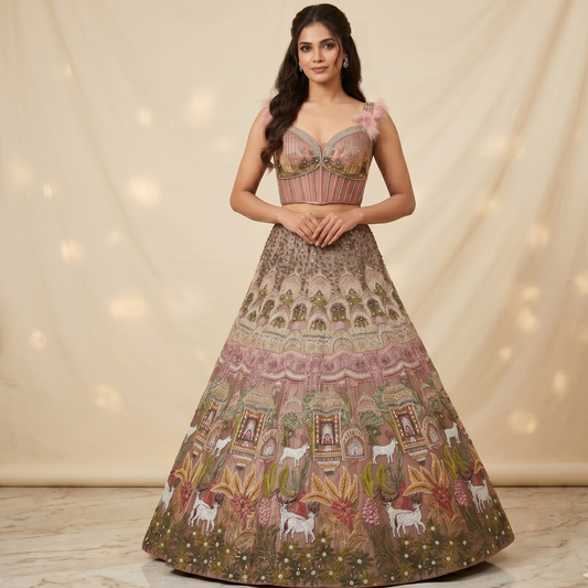 Premium Architectural Hand Embroidered Designer Lehenga Set with Corset Blouse & Dupatta