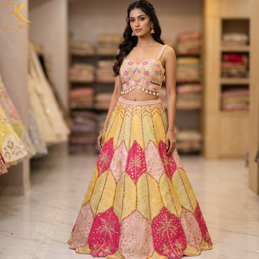 Luxury Multicolor Hand Embroidered Designer Lehenga Set with Pearl Corset Blouse