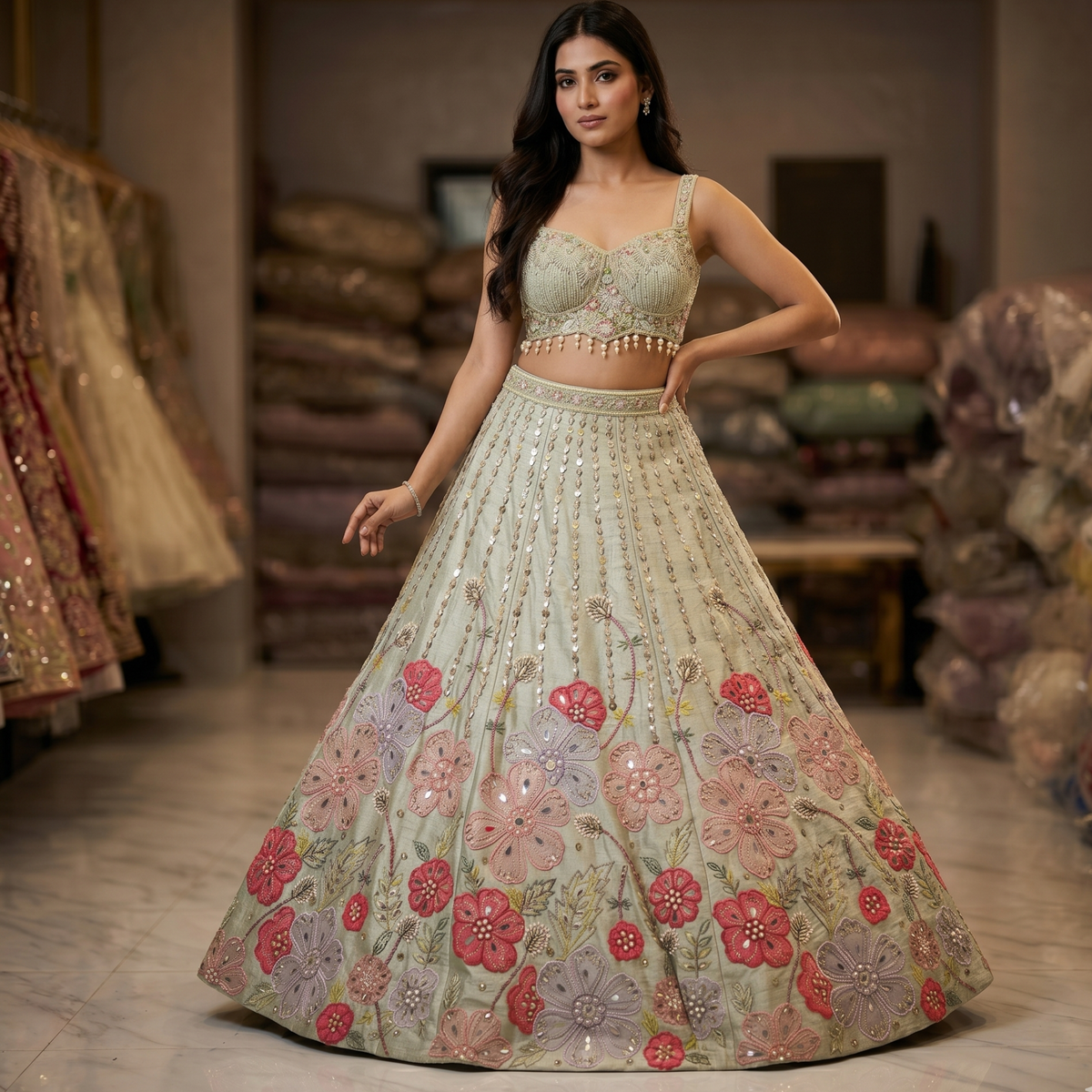 Floral Hand-Embroidered Lehenga Set - Ivory