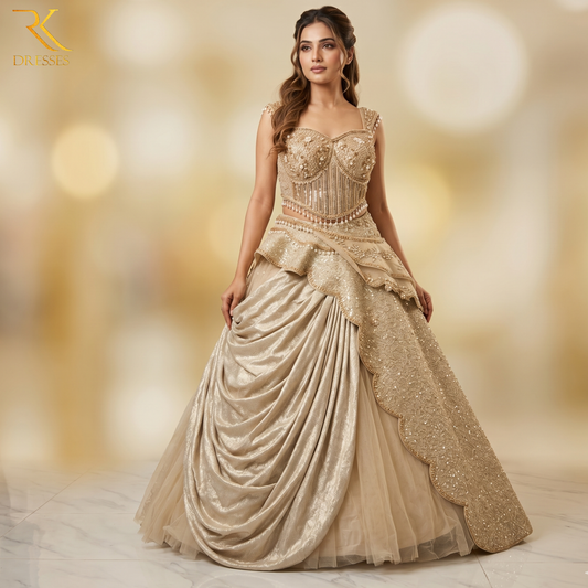 Champagne Gold Bridal Luxury Designer Fishcut Lehenga Set