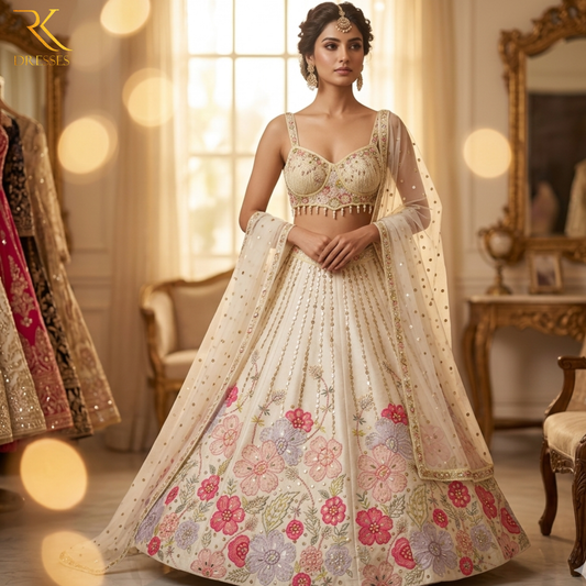 Premium Hand Made White Floral Lehenga Choli Set