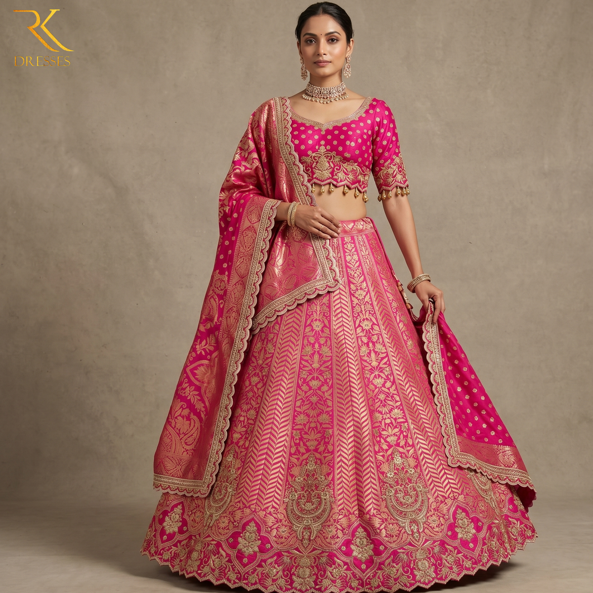 Royal Rani Pink Banarasi Bridal Lehenga Choli with Heavy Zari Embroidery & Designer Dupatta