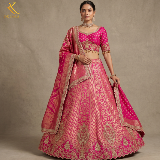 Royal Rani Pink Banarasi Bridal Lehenga Choli with Heavy Zari Embroidery & Designer Dupatta