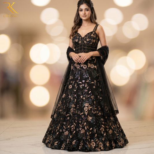 Handcrafted Midnight Back Fishcut Lehenga with Sequin & Floral Work