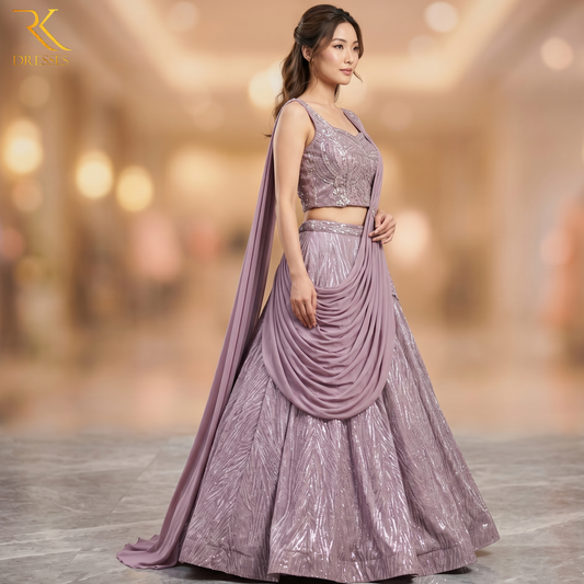 Dusty Mauve Fishcut Lehenga with Heavy Sequin, Crystal & Cutdana Embroidery Work