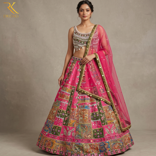 Premium Pink Printed Patchwork Lehenga Choli Set with Mirror Work & Coin Lace Detailing
