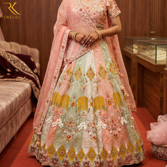 Premium Pastel Pink Multi-Panel Bridal Lehenga Set with Hand Embroidery, Shell Work & Pearl Detailing