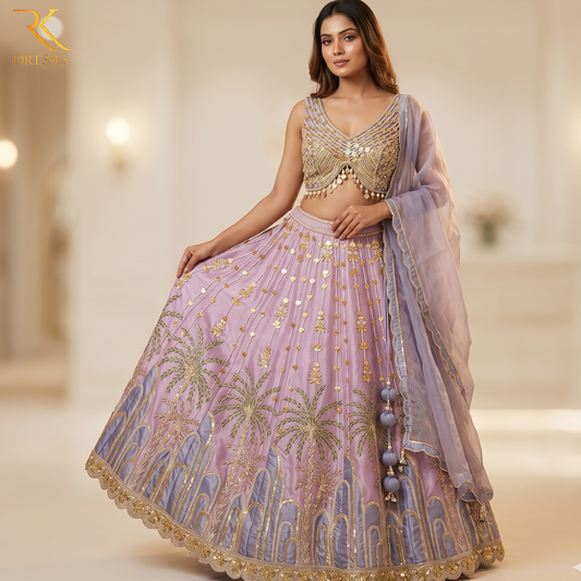 Lavender Hand-Made Designer Lehenga Set with Heavy Pearl & Coin Work Blouse & Organza Dupatta