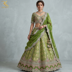 Olive Green Banarasi Silk Lehenga Choli with Floral Zari Embroidery
