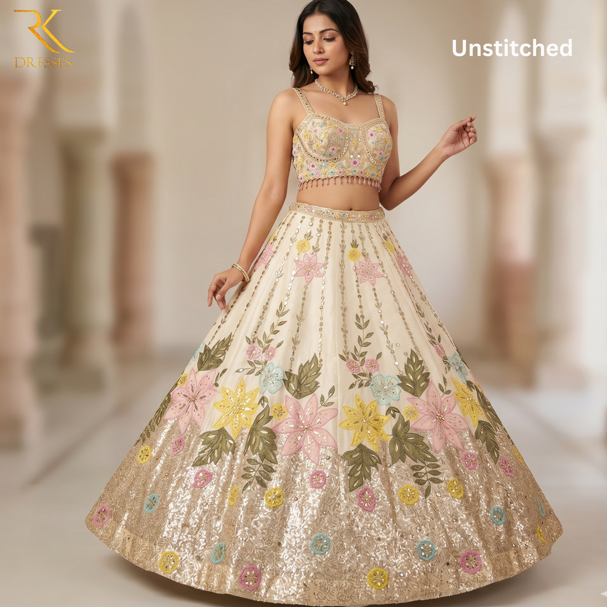 Ivory Premium Floral Embroidered Lehenga Choli with Sequin Work, Mirror Embellishments & Designer Corset Blouse