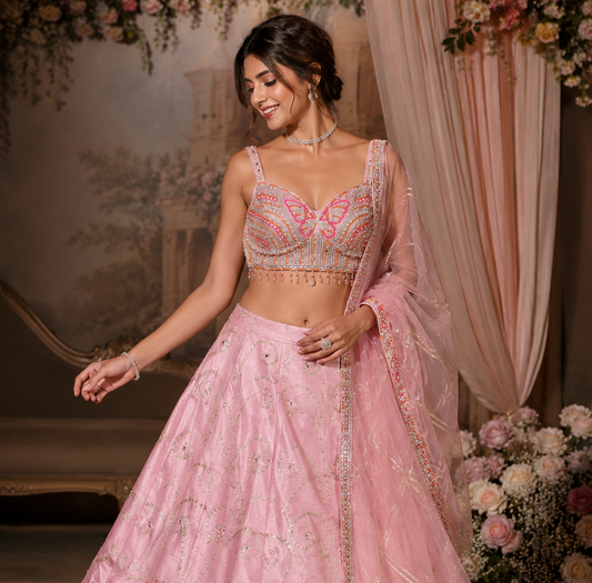 Baby Pink Butterfly Designer Lehenga Set with Hand Embroidery, Sequins & Pearl Work