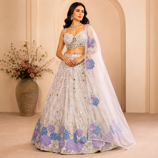 Dove Grey Pearl & Mirror Work Designer Lehenga Choli Set with Floral Embroidered Dupatta