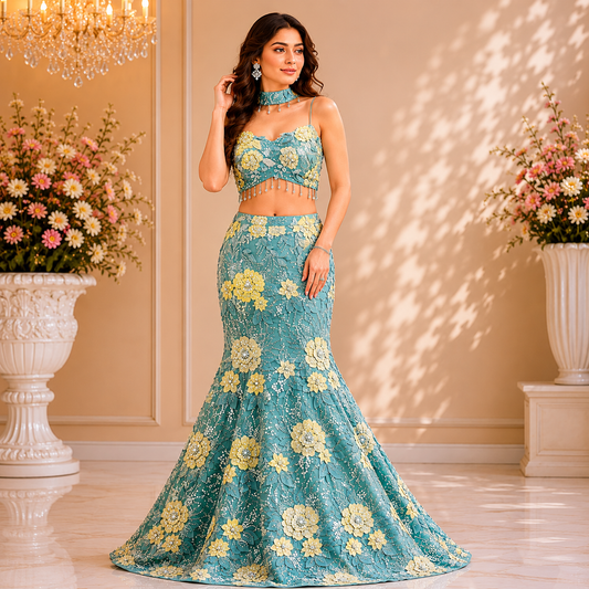 Luxury Sea Blue Hand Embroidered Pearl & Floral Fishcut Lehenga Set