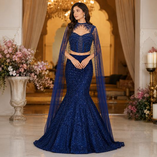 Navy Blue Sequin Embroidered Fish Cut Lehenga Choli with Cape Sleeves | Designer Mermaid Lehenga for Cocktail & Wedding