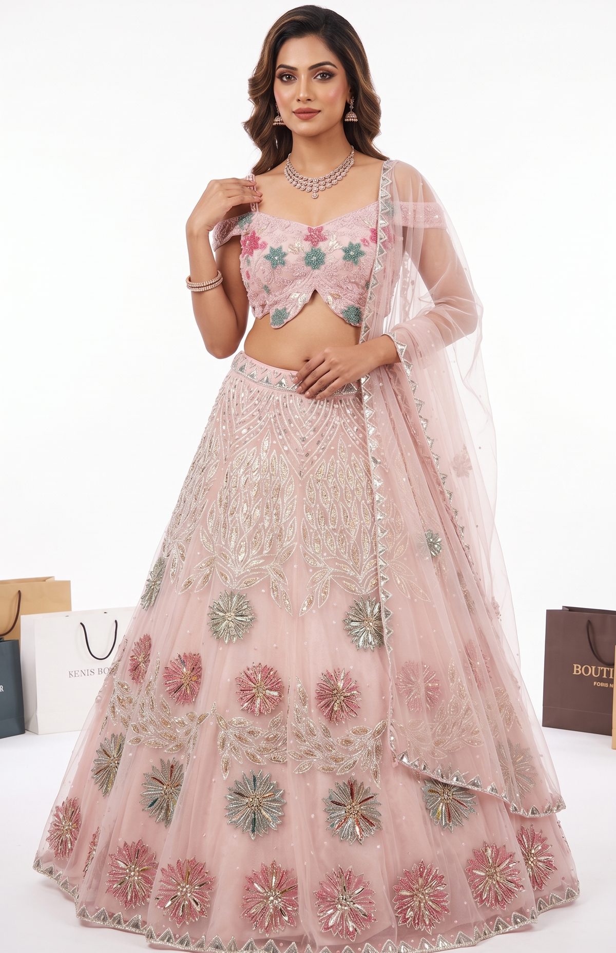 Hand Embroidered Net Off-Shoulder PDP Lehenga - Blush Pink