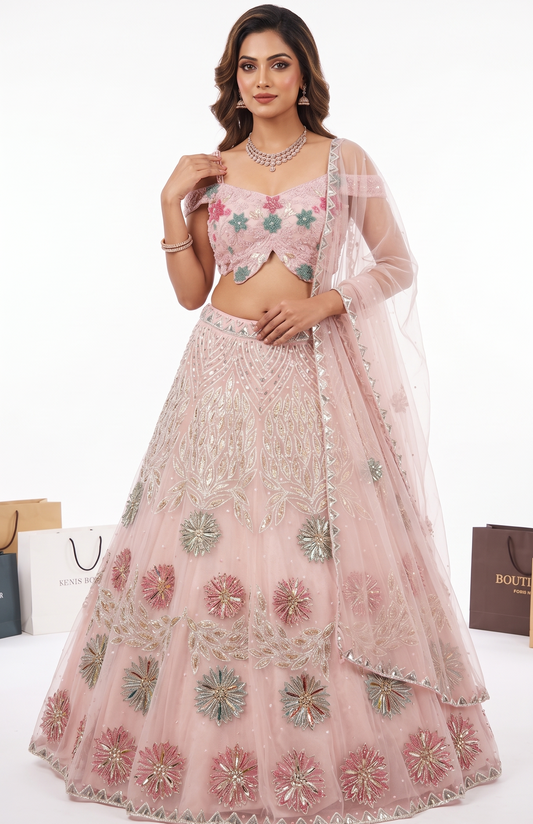 Hand Embroidered Net Off-Shoulder PDP Lehenga - Blush Pink
