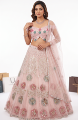 Hand Embroidered Net Off-Shoulder PDP Lehenga - Blush Pink