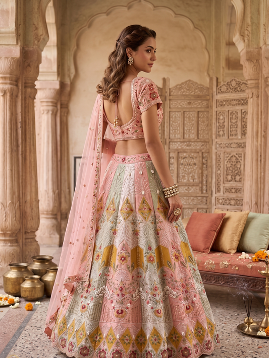 Premium Pastel Pink Multi-Panel Bridal Lehenga Set with Hand Embroidery, Shell Work & Pearl Detailing
