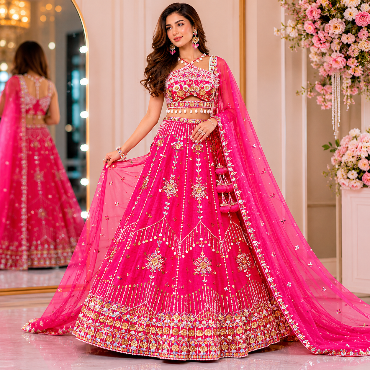 Hot Pink Luxury stylish designer lehenga set at best affordable price 