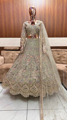 Majestic Olive Green Bridal Lehenga with Intricate Hand Embroidery