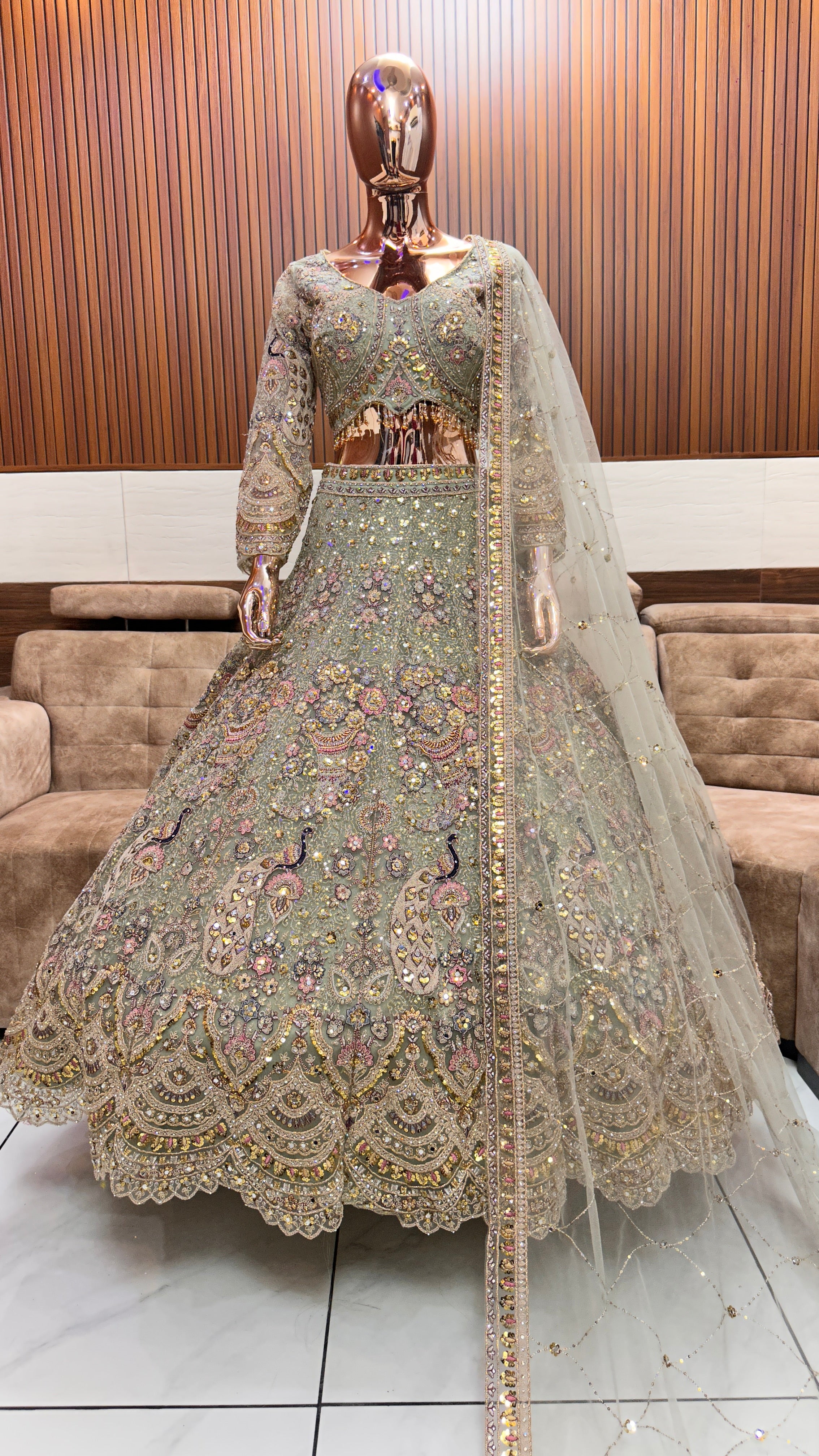 Majestic Olive Green Bridal Lehenga with Intricate Hand Embroidery