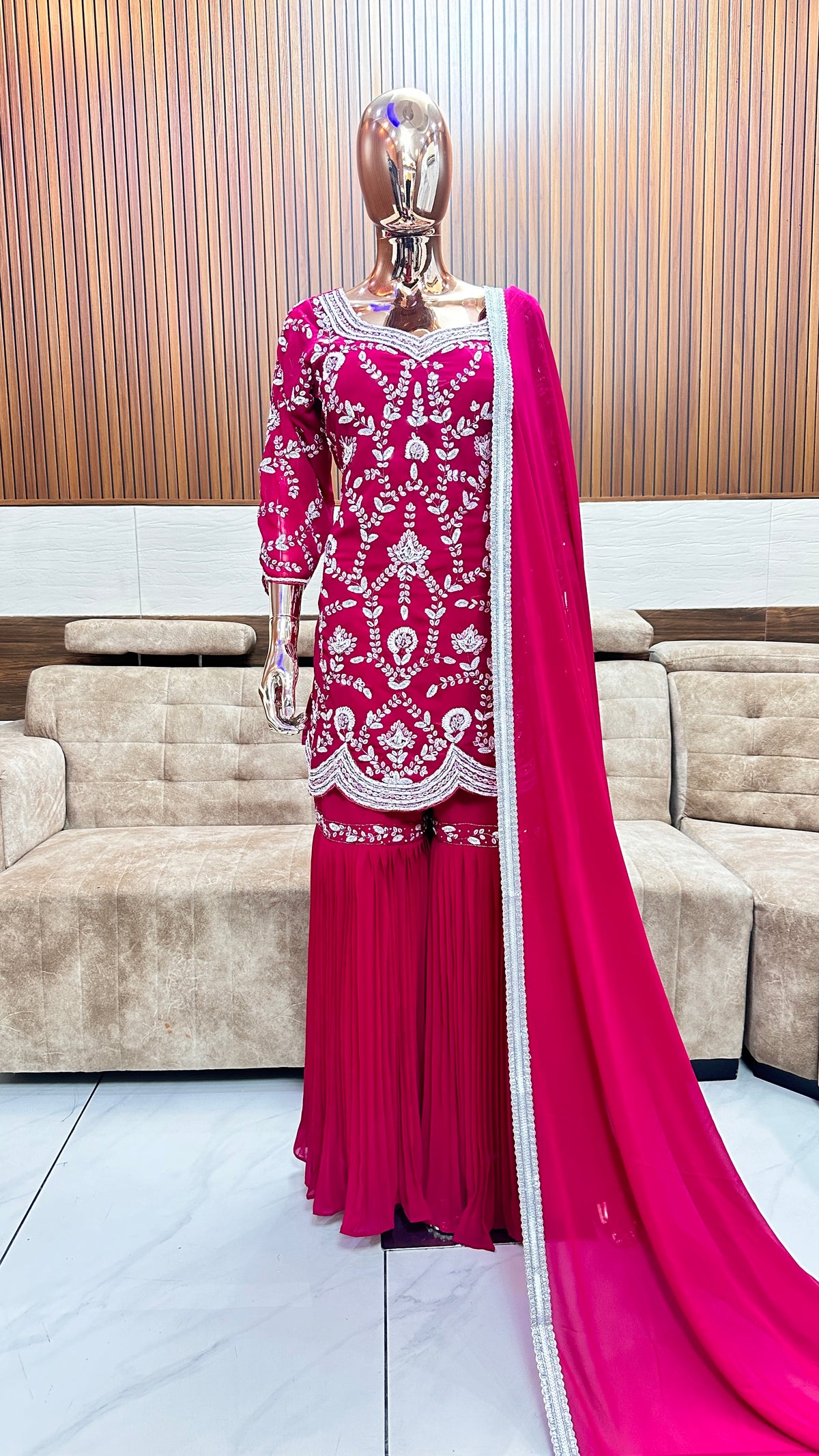 Elegant Pink Embroidered Sharara Set with Dupatta