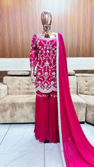 Elegant Pink Embroidered Sharara Set with Dupatta