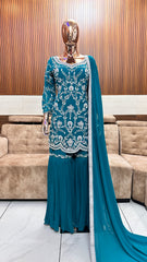 Elegant Teal Embroidered Sharara Set with Dupatta